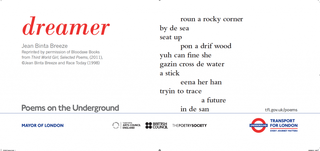 dreamer, Jean Binta Breeze 'roun a rocky corner by de sea seat up pon a drif wood yuh can fine she gazin cross de water a stick eena her han tryin to trace a future in de san'