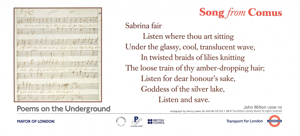 Song from Comus by John Milton ' Sabrina fair Listen where thou art sitting Under the glassy, cool, translucent wave ,In twisted braids of lilies knitting The loose train of thy amber - dropping hair; Listen for dear honour's sake, Goddess of the silver lake, Listen and save '.John Milton (1608 - 74) Autograph by Henry Lawes, BL Add Ms 53723, f. 38 © The British Library Board.