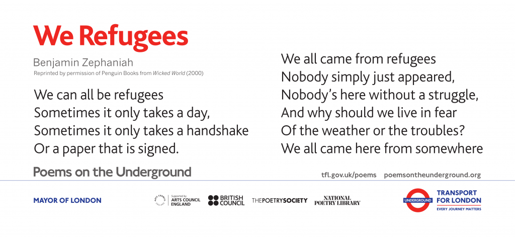 from We Refugees We can all be refugees Sometimes it only takes a day, Sometimes it only takes a handshake Or a paper that is signed. We all came from refugees Nobody simply just appeared, Nobody’s here without a struggle, And why should we live in fear Of the weather or the troubles? We all came here from somewhere Benjamin Zephaniah from We Refugees Reprinted by permission of Penguin Books Limited from Wicked World (Puffin, 2000).