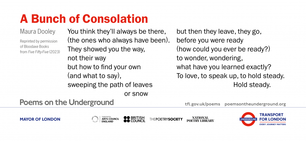 A Bunch of Consolation You think they’ll always be there, (the ones who always have been). They showed you the way, not their way but how to find your own (and what to say), sweeping the path of leaves or snow but then they leave, they go, before you were ready (how could you ever be ready?) to wonder, wondering, what have you learned exactly? To love, to speak up, to hold steady. Hold steady. Maura Dooley from Five Fifty-Five (Bloodaxe 2023)