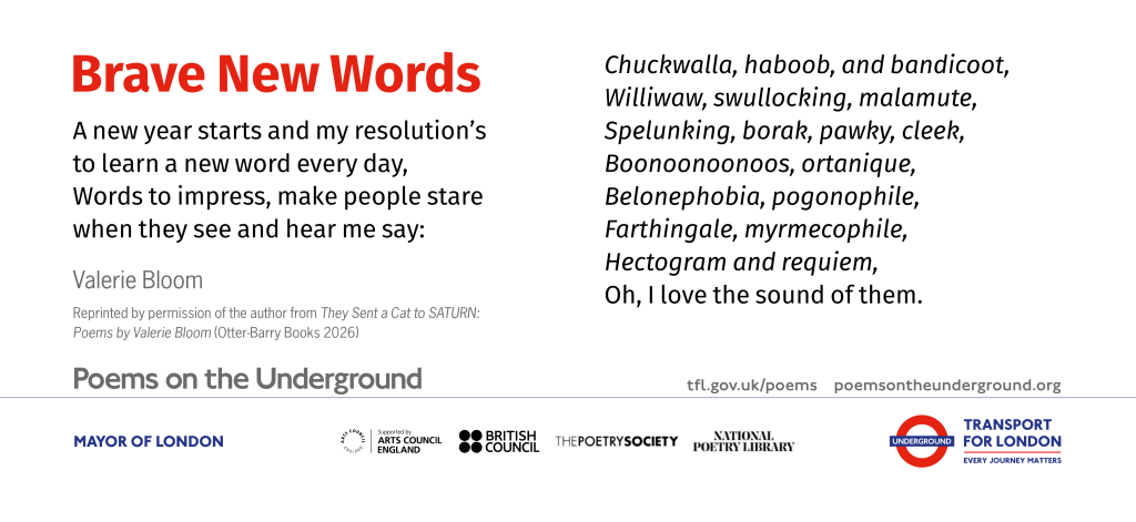 Brave New Words A new year starts and my resolution’s to learn a new word every day, Words to impress, make people stare when they see and hear me say: Chuckwalla, haboob, and bandicoot, Williwaw, swullocking, malamute, Spelunking, borak, pawky, cleek, Boonoonoonoos, ortanique, Belonephobia, pogonophile, Farthingale, myrmecophile, Hectogram and requiem, Oh, I love the sound of them. Valerie Bloom Reprinted by permission of the author from They Sent a Cat to SATURN: Poems by Valerie Bloom (Otter-Barry Books 2026) © Valerie Bloom